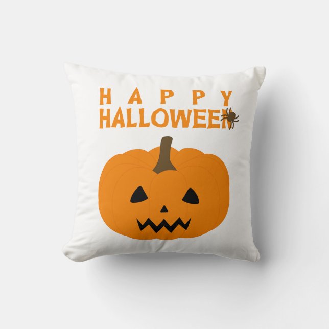Fröhlicher Halloween-Text und Kürbis auf Weiß Kissen (Vorderseite)