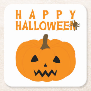 Fröhlicher Halloween-Text und Kürbis auf Weiß Rechteckiger Pappuntersetzer