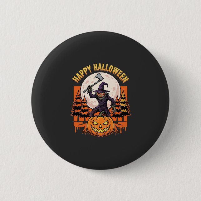 Fröhlicher Halloween-Vogelscheuchen-Kürbis-Vektor Button (Vorderseite)