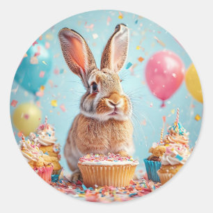 Fröhlicher Hase feiert mit Cupcakes Runder Aufkleber