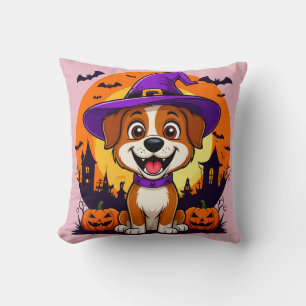 Fröhlicher Hund als Hexe verkleidet an Halloween Kissen