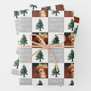 Fröhlicher Hund Haustier Foto Baum Schnee Weihnach Geschenkpapier Set
