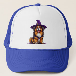 Fröhlicher Hund mit einem Hexenhut Truckerkappe