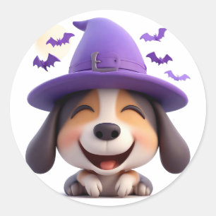 Fröhlicher Hund Welpen Hexenhut Halloween Thema De Runder Aufkleber