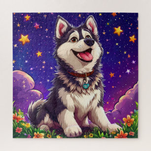 Fröhlicher Husky gegen Sternenhimmel