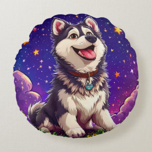 Fröhlicher Husky vor dem Sternenhimmel Rundes Kissen