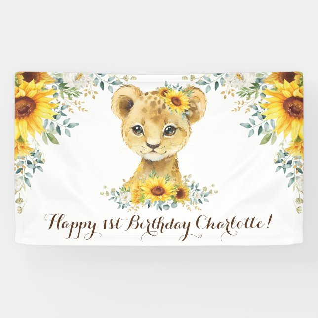 Fröhlicher Jungle Lion Cub Sonnenblume zum Geburts Banner (Horizontal)