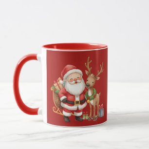 Fröhlicher lächelnder Weihnachtsmann mit Rentier. Tasse