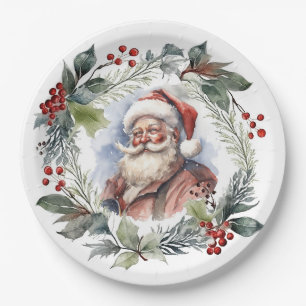 Fröhlicher lächelnder Weihnachtsmann-Wasserfarben- Pappteller