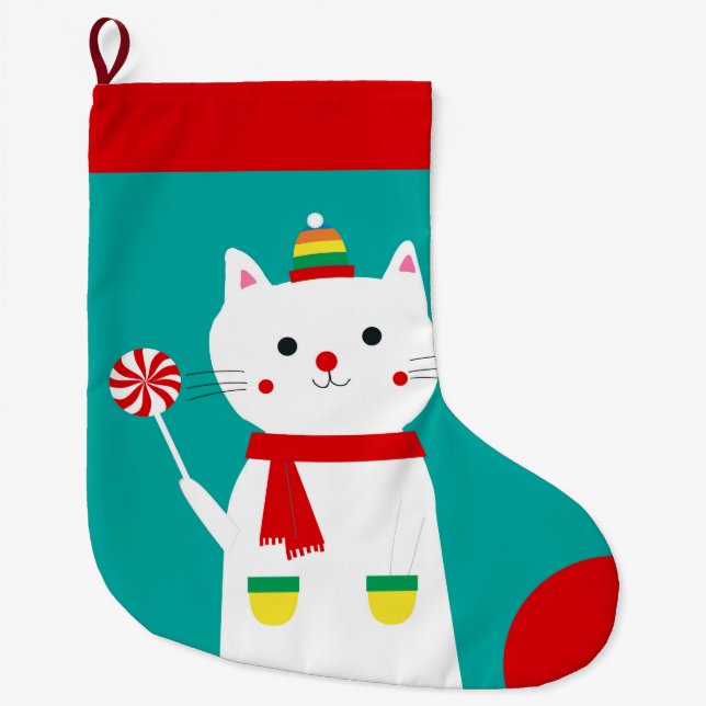 Fröhlicher Lutscherpersonalisierte Kitty-Katze Großer Weihnachtsstrumpf (Vorderseite)