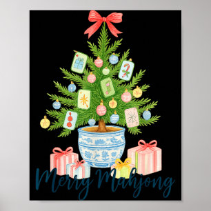 Fröhlicher Mahjong-Christbaum-Chinoiserie-Urlaub Poster