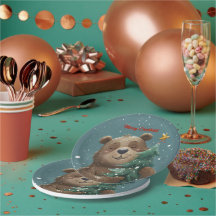 Fröhlicher Niedlicher Bär umarmt Weihnachtsbaum