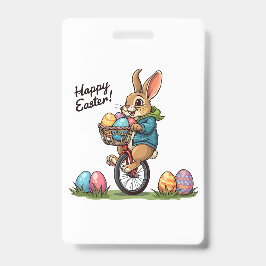 Fröhlicher Osterhase auf einem Einrad mit Korb vol Ausweis