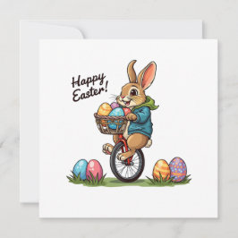 Fröhlicher Osterhase auf einem Einrad mit Korb vol Einladung