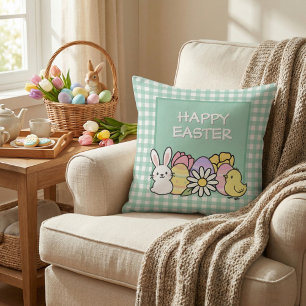 Fröhlicher Osterhase Küken Eier Grün Gingham Kissen