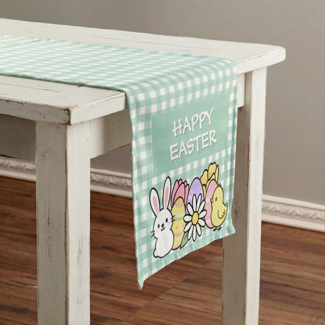 Fröhlicher Osterhase Küken Eier Grün Gingham Kurzer Tischläufer (Von Creator hochgeladen)