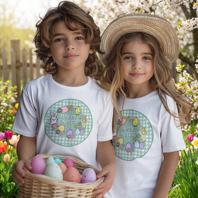 Fröhlicher Osterhase Küken Eier Grün Gingham T-Shirt (Von Creator hochgeladen)