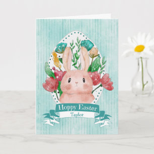 Fröhlicher Osterhase mit Blumen Karte