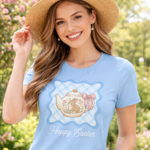 Fröhlicher Osterhase Teekanne Gingham  T-Shirt