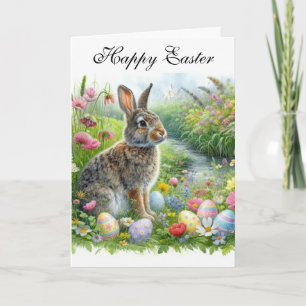 Fröhlicher Osterhase und Feiertags-Eier  Karte