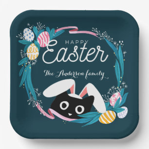 Fröhlicher Osterkranz, schwarze Katze mit Hasenohr Pappteller