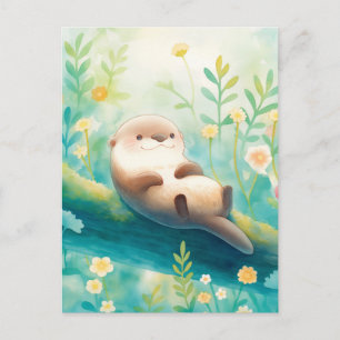 Fröhlicher Otter auf Moosbewachsenem Flussstamm Postkarte