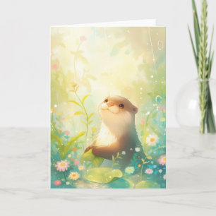 Fröhlicher Otter in einem regnerischen Blumenwunde Karte