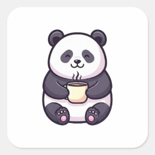 Fröhlicher Panda mit Tee – Süße whimsical Illustra Quadratischer Aufkleber