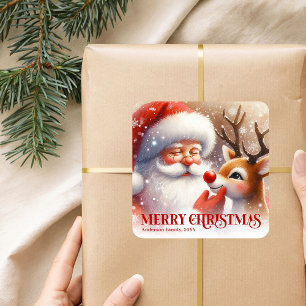 Fröhlicher personalisierter Weihnachtsmann und Rud Quadratischer Aufkleber