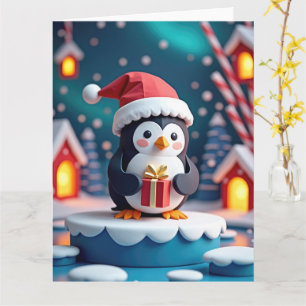Fröhlicher Pinguin mit Geschenk in schneebedeckter Karte