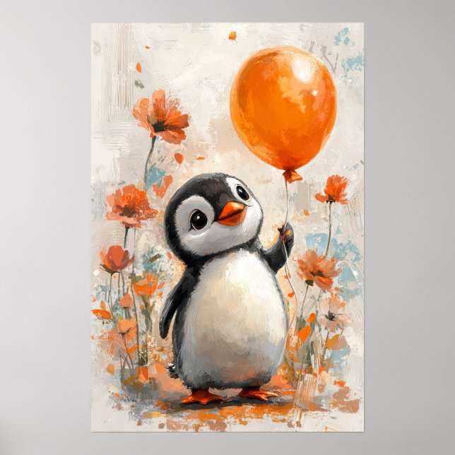 Fröhlicher Pinguin mit Orange Balloon Digital Pain Poster (Vorne)