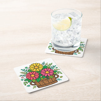 Fröhlicher Retro-Blumen-Holzpflanzkübel Rechteckiger Pappuntersetzer