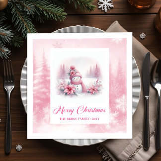 Fröhlicher rosa Schneemann Kinder Weihnachtsszene Serviette