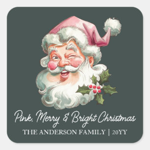 Fröhlicher rosa Weihnachts-Santa Retro-Aquarell Quadratischer Aufkleber