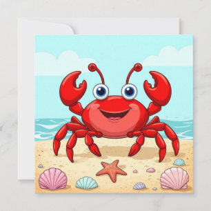 Fröhlicher roter Cartoon-Krebs am Strand mit Musch