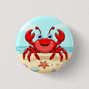 Fröhlicher roter Cartoon-Krebs an einem Strand mit Button