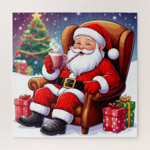 Fröhlicher Santa, der sich mit heißer Schokolade z
