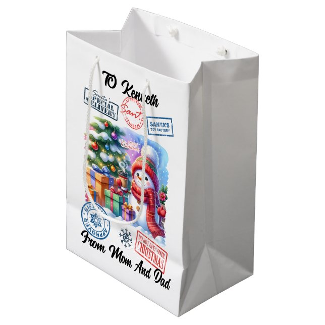 Fröhlicher Santa Sack mit Schneemann Mittlere Geschenktüte (Vorderseite Schrägansicht)