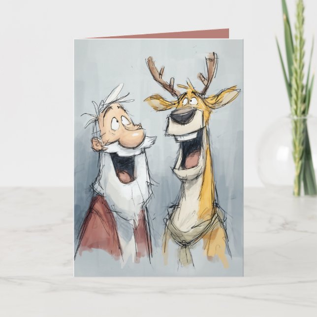Fröhlicher Santa und Rentier lachen Feiertagskarte (Vorderseite)