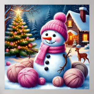 Fröhlicher Schneemann am Weihnachtsbaum in einem g Poster