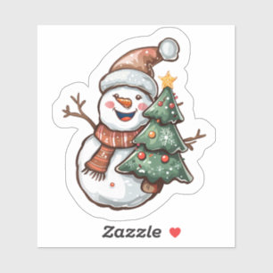 Fröhlicher Schneemann, der einen Weihnachtsbaum fe Aufkleber