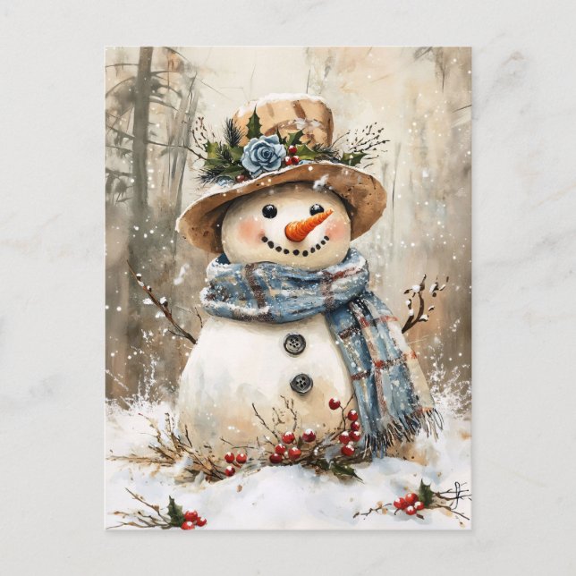 Fröhlicher Schneemann im Wald Postkarte (Vorderseite)