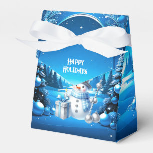 Fröhlicher Schneemann in einem schneebedeckten Wal Geschenkschachtel