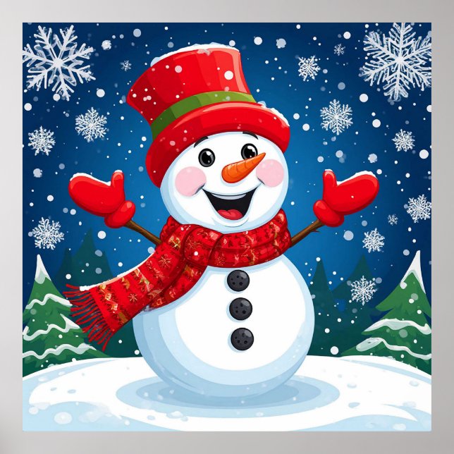 Fröhlicher Schneemann in Red Scarf und Hat Poster (Vorne)