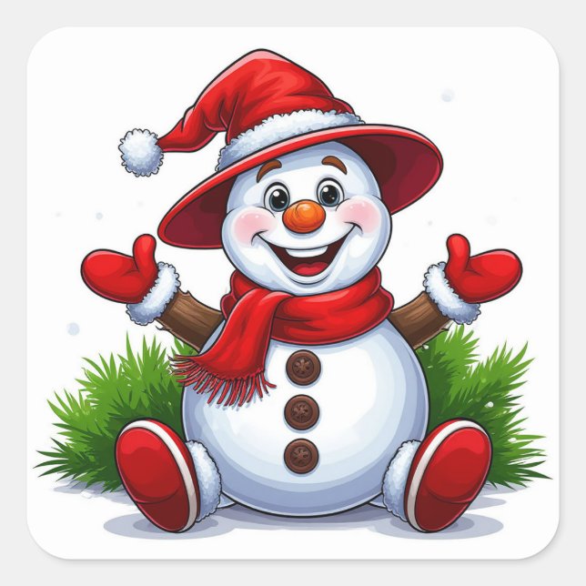 fröhlicher Schneemann in Rot mit Hut gekleidet Quadratischer Aufkleber (Vorderseite)