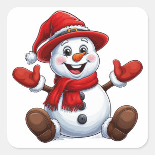 Fröhlicher Schneemann in Rot mit Hut Quadratischer Aufkleber