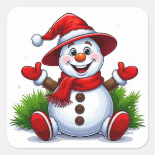 Fröhlicher Schneemann in Rot mit Hut Quadratischer Aufkleber