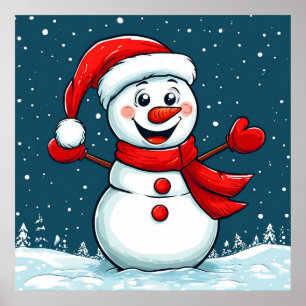 Fröhlicher Schneemann in Santa-Hut mit Schal Poster
