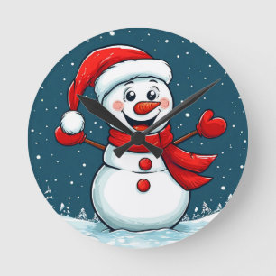 Fröhlicher Schneemann in Santa-Hut mit Schal Runde Wanduhr