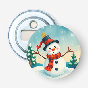 Fröhlicher Schneemann in winterlicher Landschaft Flaschenöffner